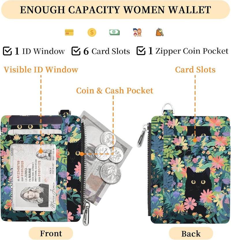 Hancynir Slim Wallet Women Credit Card Holder Flower Black Cat Green RFID Small Mini Card Case Front Pocket PU Leather Thin Travel Zipper Coin Cash ID Window Girls Wallet Gifts - Image 5